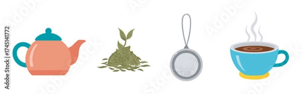 Fototapeta Colorful illustration of a teapot, loose tea leaves, a tea infuser, and a steaming cup, depicting tea-making essentials.
