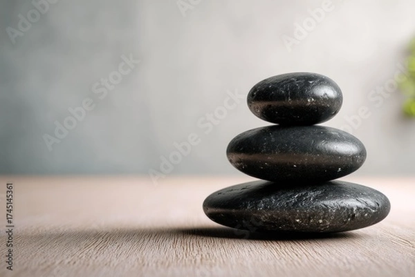 Fototapeta Three Balanced Black Stones Stacked in Minimalist Setting