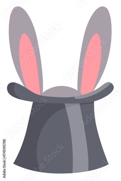 Fototapeta Wizard conjure cylinder. Magic hat with bunny ears vector illustration. Magician hat with rabbit. Circus show, abracadabra wand. Magic rabbit in hat, bunny trick illustration