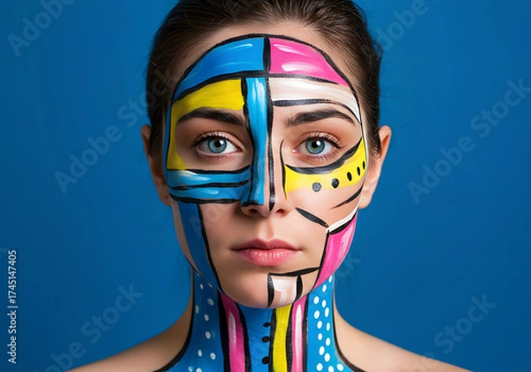 Fototapeta Abstract Face Art Portrait with Geometric Colorful Paint Design on Woman
portrait of a girl with a colorful makeup, Modernist portrait features face with cyan, magenta, yellow, black colors applied. 