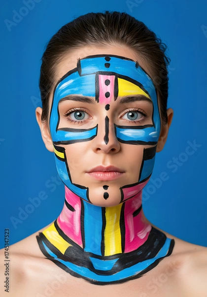 Fototapeta Abstract Face Art Portrait with Geometric Colorful Paint Design on Woman
portrait of a girl with a colorful makeup, Modernist portrait features face with cyan, magenta, yellow, black colors applied. 