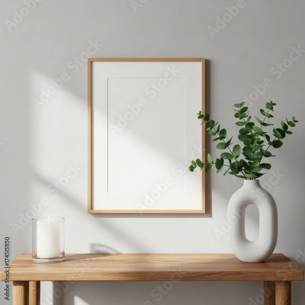 Fototapeta Empty picture frame mockup with eucalyptus in modern vase on wooden table