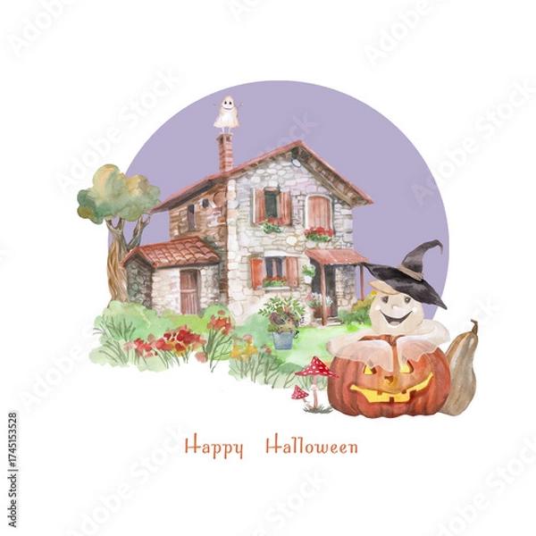 Fototapeta halloween house with pumpkin and ghosts