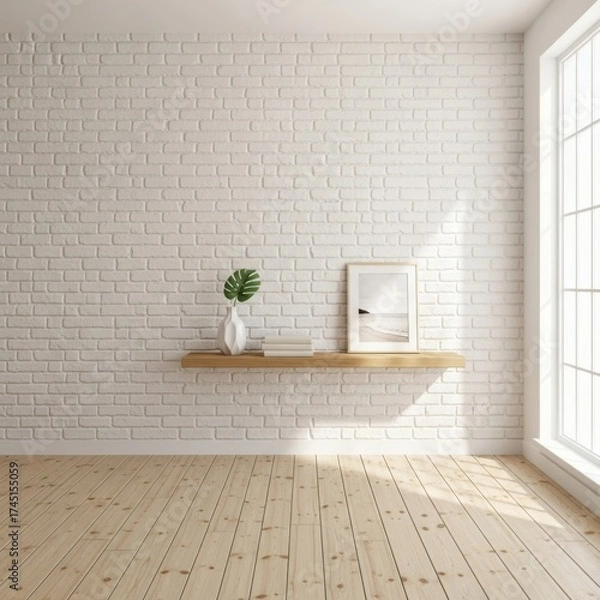 Fototapeta Minimalist interior design with light wood floors and modern decor on floating shelf