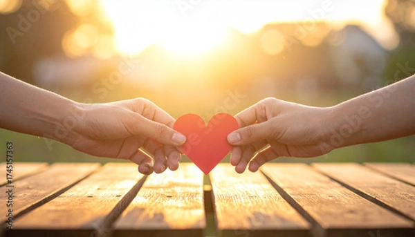 Fototapeta Two hands gently hold a vibrant red heart, embodying shared love, affection, and genuine connection amidst the soft, golden light of a beautiful sunset