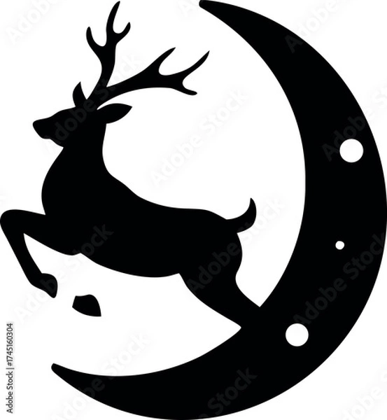 Fototapeta Running reindeer across glowing moon during calm winter night Vector illustration