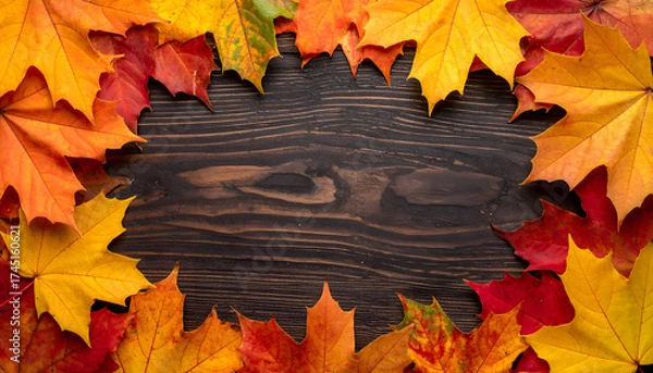 Fototapeta 秋の紅葉が囲む木目の背景