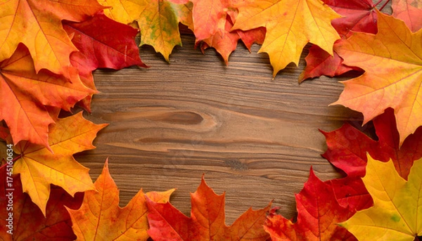 Fototapeta 秋の紅葉が囲む木目の背景