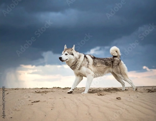 Obraz Husky dog on sandy dune under dramatic sky
