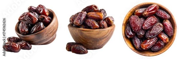 Fototapeta Set of a Collection of Dried Dates in Wooden Bowls, isolated on a transparent background.