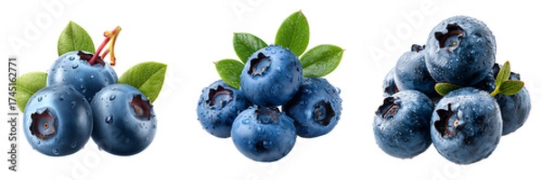 Fototapeta Set of a Fresh Blueberry with Water Droplets and Leaves, isolated on a transparent background.