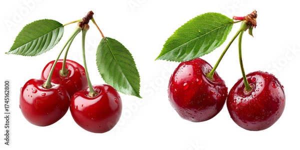 Fototapeta Set of a Fresh Red Cherry with Water Droplets and Leaves, isolated on a transparent background.