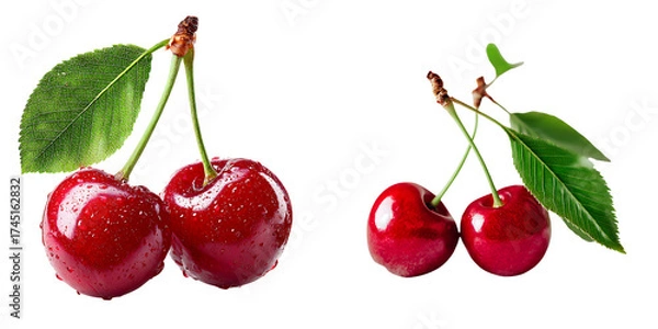 Fototapeta Set of a Fresh Red Cherry with Water Droplets and Leaves, isolated on a transparent background.