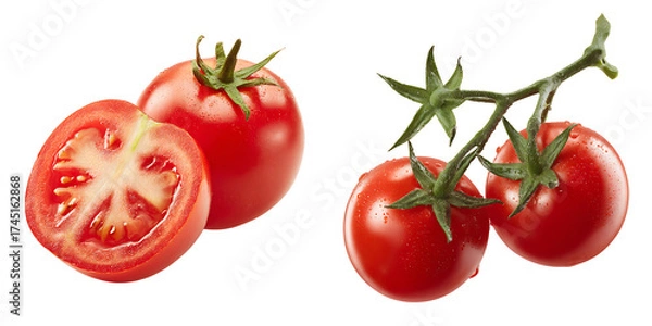Fototapeta Set of a Fresh Red Tomato, Whole and Sliced, isolated on a transparent background.