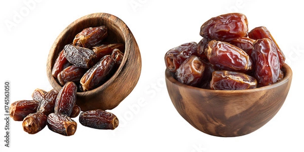 Fototapeta Set of a Collection of Dried Dates in Wooden Bowls, isolated on a transparent background.