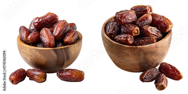 Fototapeta Set of a Collection of Dried Dates in Wooden Bowls, isolated on a transparent background.