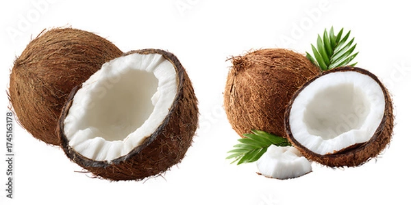 Fototapeta Set of a Fresh Coconut, Whole and Halved, isolated on a transparent background.