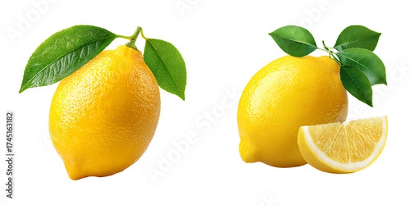 Fototapeta Set of a Fresh Yellow Lemon with Leaves and Slices, isolated on a transparent background.