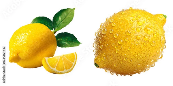 Fototapeta Set of a Fresh Yellow Lemon with Leaves and Slices, isolated on a transparent background.