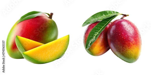 Fototapeta Set of a Fresh Tropical Mango, Whole and Sliced, isolated on a transparent background.