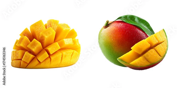 Fototapeta Set of a Fresh Tropical Mango, Whole and Sliced, isolated on a transparent background.