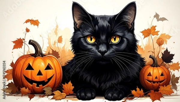 Obraz Black cat with Halloween pumpkins