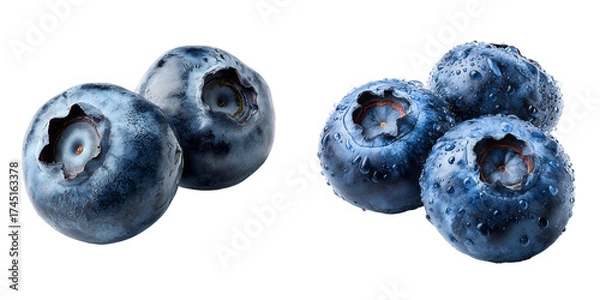Fototapeta Set of a Fresh Blueberry with Water Droplets and Leaves, isolated on a transparent background.