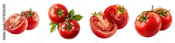Fototapeta Set of a Fresh Red Tomato, Whole and Sliced, isolated on a transparent background.