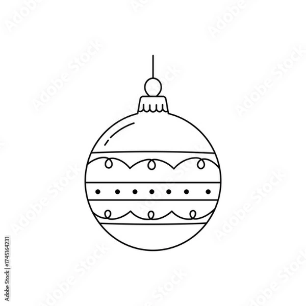 Fototapeta Christmas ball vector illustration with decorative lines and dots, simple outline ornament on white