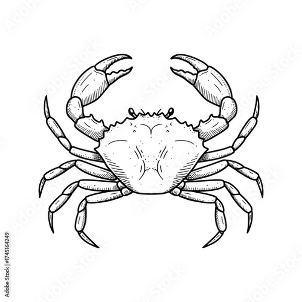 Fototapeta Crab vector illustration in detailed black outline, marine animal with claws and legs, handdrawn style on white