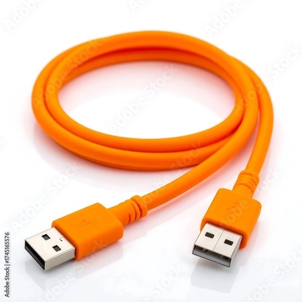 Obraz Orange USB cable coiled on white background