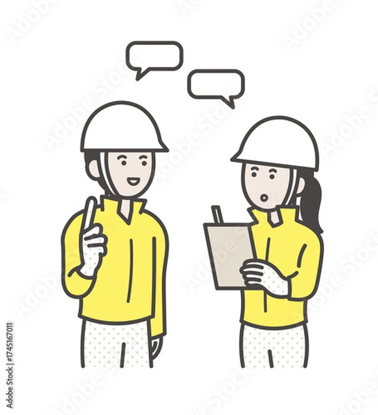 Obraz 確認する、コミュニケーションを取る土木技師の男性と女性のイラスト