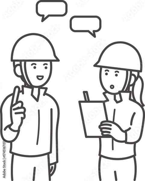 Obraz 確認する、コミュニケーションを取る土木技師の男性と女性のイラスト　線画のみ