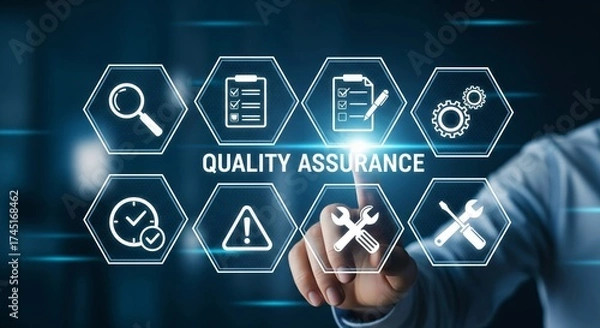 Fototapeta Futuristic Quality Assurance Concept with Clear Icons in Hexagonal Digital Interface, Business Technology Background