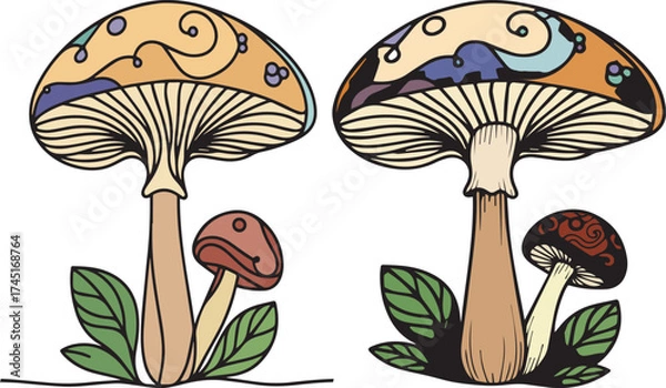Fototapeta A pair of colorful mushrooms like delicate artworks emerging from the ground