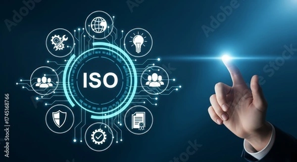 Fototapeta Hand Touching Futuristic ISO Certification Interface with Glowing Blue Technology Icons
