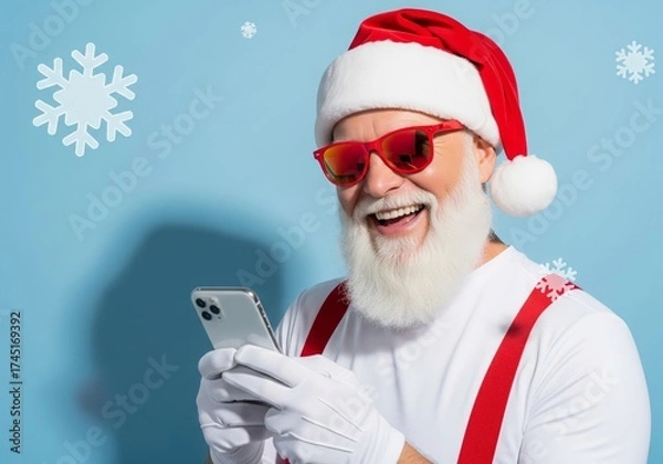 Fototapeta Modern Santa Claus using smartphone with red sunglasses and snow background
