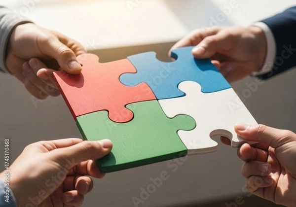 Fototapeta Teamwork Concept Hands Connecting Colorful Puzzle Pieces for Business Collaboration and Unity