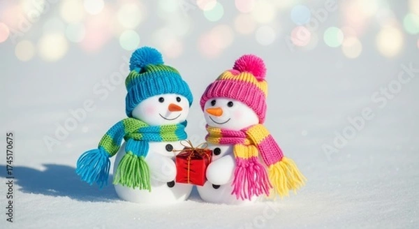 Fototapeta Two Cute Snowmen with Colorful Hats and Gift Box in Winter Snow Scene