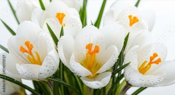 Fototapeta White Crocus Flowers with Dew Drops in Spring Bloom