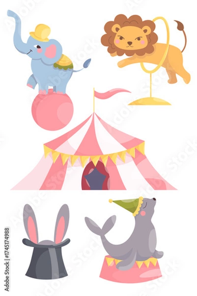 Fototapeta Set of cute cartoon circus animals, acrobat elephant, lion jumping through a hoop, juggler seal, rabbit and lion, magician hat, circus tent, flat vector illustration
