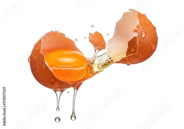 Fototapeta Cracked egg yolk dripping liquid isolated on a transparent background