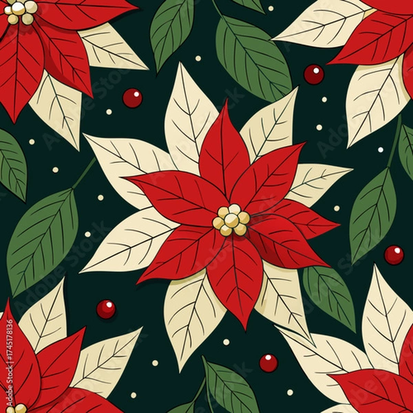 Obraz Seamless pattern of red and cream poinsettias with green leaves and red berries on a dark background