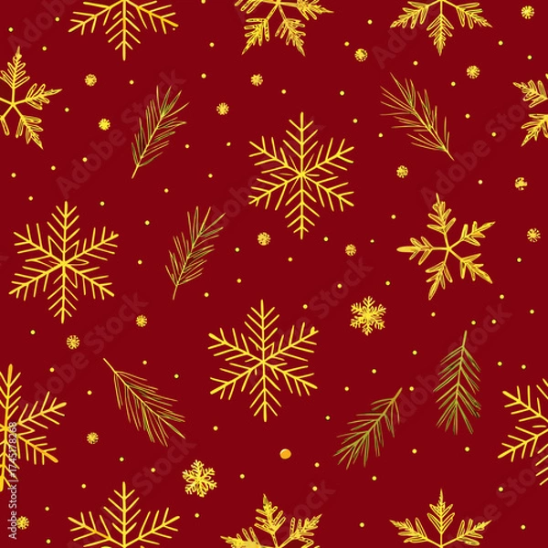 Fototapeta Golden snowflakes and pine needles scattered on a deep red seamless winter holiday background
