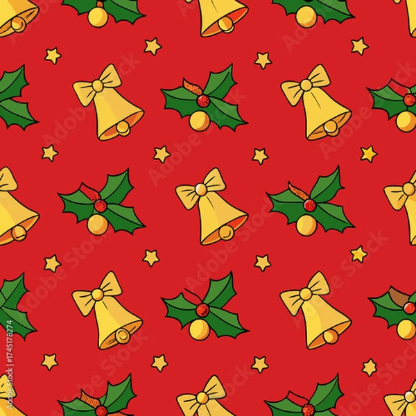 Fototapeta Seamless christmas pattern featuring golden bells holly leaves and stars on a red background