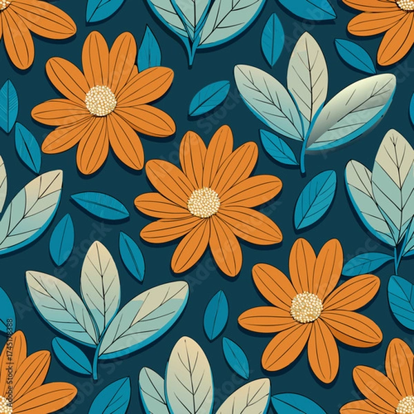 Obraz Seamless pattern of stylized orange flowers and blue green leaves on a dark teal background