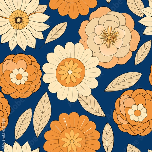 Fototapeta Retro floral pattern with stylized flowers and leaves in warm orange and cream on a navy blue background