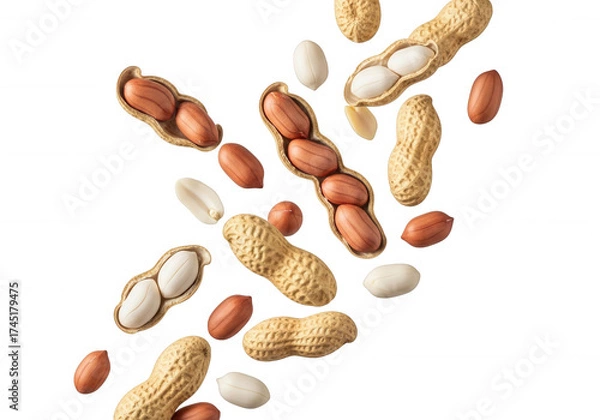 Fototapeta Falling peanuts scattered on black isolated on a transparent background