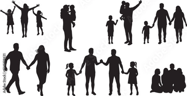 Obraz Family silhouette vector, parents and children, bonding moments, playful interaction, black illustration, group activity, minimalist design, parenting concept, childhood joy