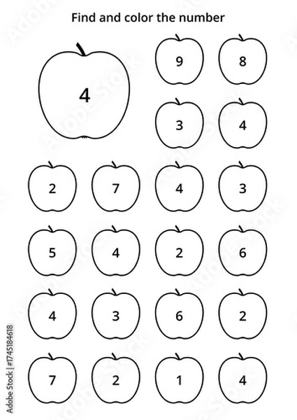Fototapeta Learning worksheet for kids, find and color numbers. Educational game to recognize the shape of the number 4. Vector illustration in A4 format.
